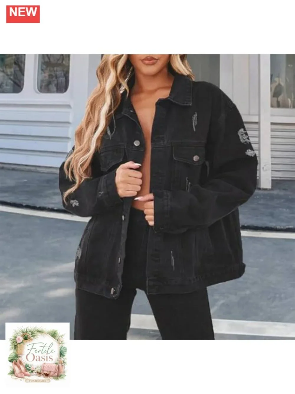 Oversized Distressed Denim Jacket Long Sleeve Trucker Jean